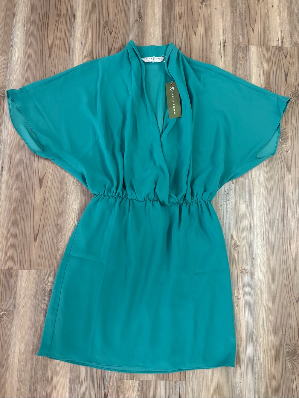 Trina Turk Flowy Teal V-Neck Elastic Waist Dress Sz Small